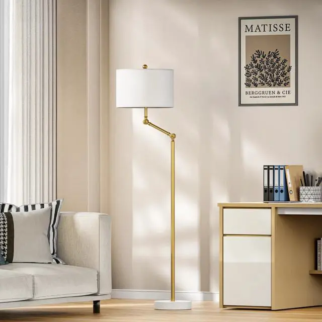 Alt view image 7 of 7 - 64'' Standing Floor Lamp with Rotatable Lampposts, 3 Way Dimmable Modern Floor Lamp with White Fabric Shade, Tall Standing Light Source with Zipper Switch and Marble Base for Study Room, Living Room