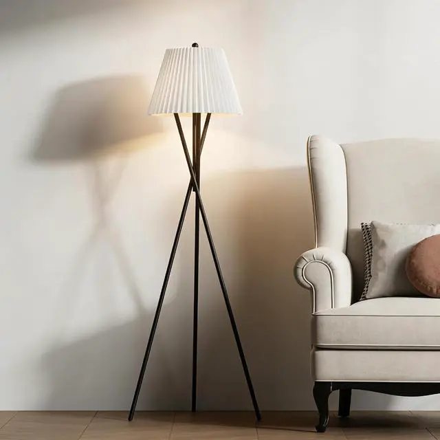Alt view image 3 of 6 - 66'' Modern Pleated Fabric Lampshade Floor Lamp, Black Metal Tall Standing Lamps with Foot Switch, Minimalist Tall Pole Light for Bedroom Living Room Reading Office Bedside
