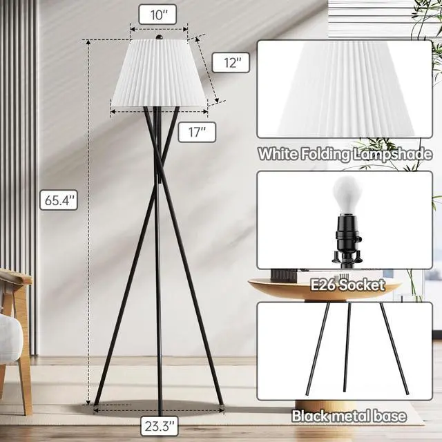 Alt view image 5 of 6 - 66'' Modern Pleated Fabric Lampshade Floor Lamp, Black Metal Tall Standing Lamps with Foot Switch, Minimalist Tall Pole Light for Bedroom Living Room Reading Office Bedside