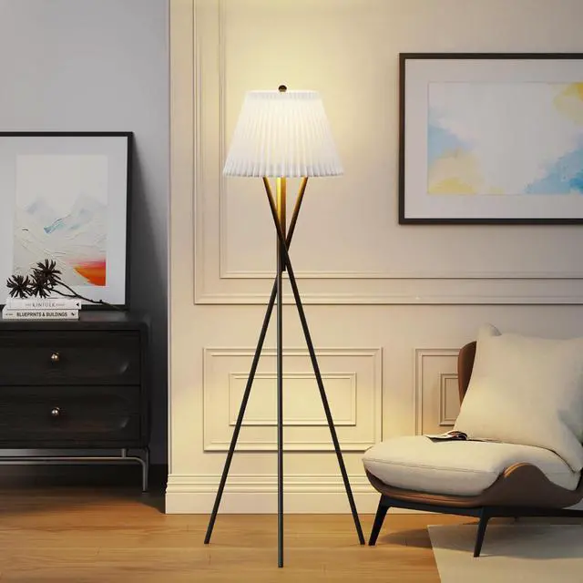 Alt view image 6 of 6 - 66'' Modern Pleated Fabric Lampshade Floor Lamp, Black Metal Tall Standing Lamps with Foot Switch, Minimalist Tall Pole Light for Bedroom Living Room Reading Office Bedside