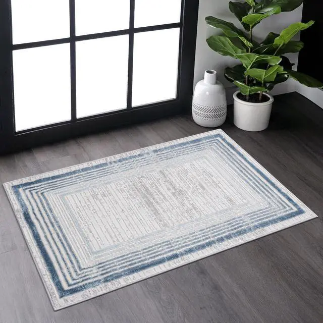 Main image of Collection 2X3 Blue/Ivory/Bordered Non-Shedding Living Room Bedroom Dining Home Office Stylish and Stain Resistant Area Rug