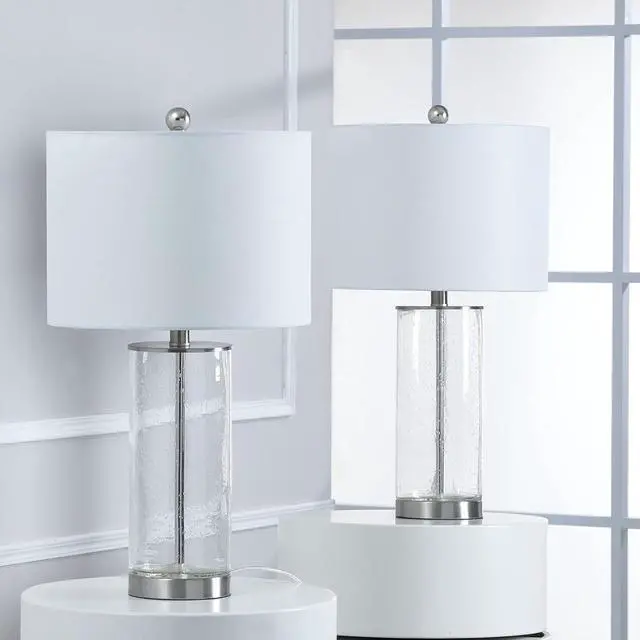 Alt view image 4 of 5 - 23.25'' Nickel Clear Glass Table Lamps Set Of 2, Modern Bedside Lamp with Clear Bubble Glass Glass Body, 3 Way Dimmable End Table Lamp with White Fabric Shade for Living Room, Bedroom, Office, Study