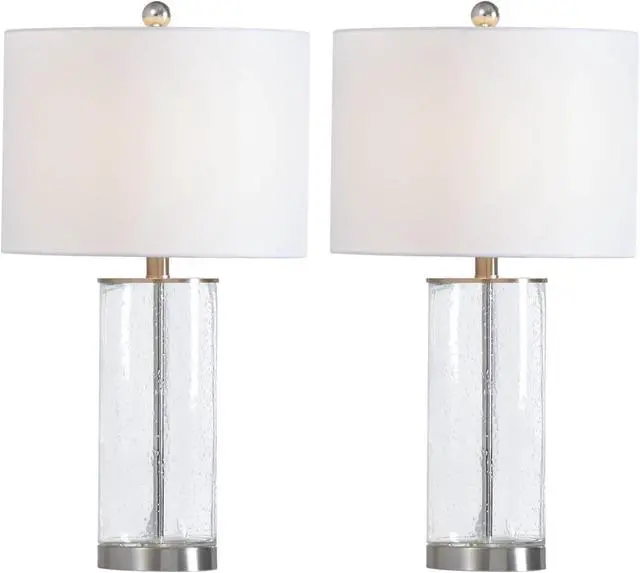 Alt view image 2 of 5 - 23.25'' Nickel Clear Glass Table Lamps Set Of 2, Modern Bedside Lamp with Clear Bubble Glass Glass Body, 3 Way Dimmable End Table Lamp with White Fabric Shade for Living Room, Bedroom, Office, Study