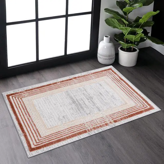 Main image of Collection 2X3 Brown/Ivory/Bordered Non-Shedding Living Room Bedroom Dining Home Office Stylish and Stain Resistant Area Rug