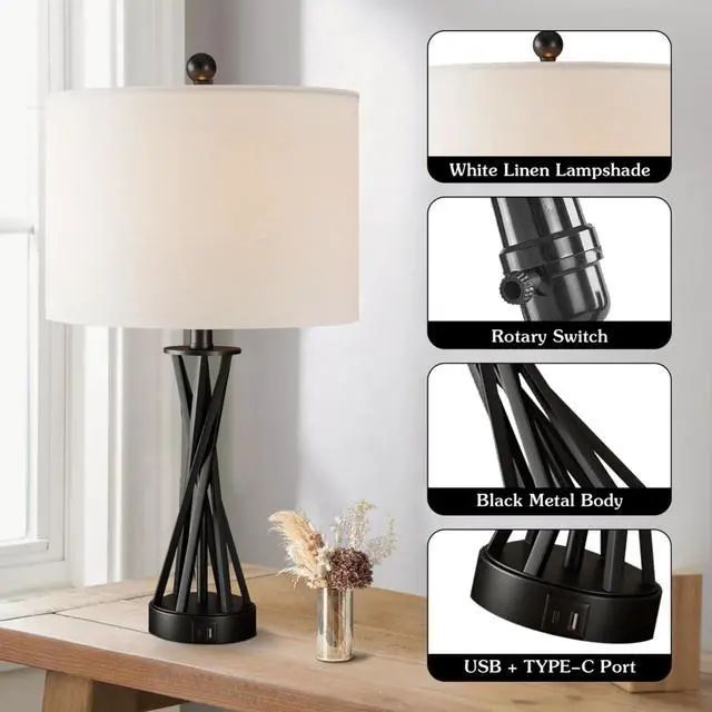 Alt view image 3 of 7 - 24" Modern Black Metal Table Lamp with Usb Type-C Ports and Linen Shade (Set Of 2) for Bedroom, Office, Living Room