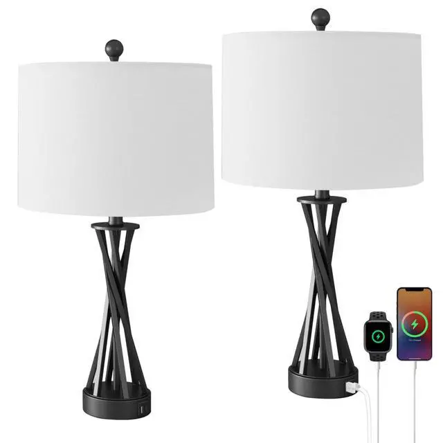 Alt view image 5 of 7 - 24" Modern Black Metal Table Lamp with Usb Type-C Ports and Linen Shade (Set Of 2) for Bedroom, Office, Living Room