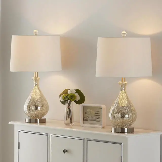 Alt view image 7 of 7 - 23" Modern Clear Water Glass Table Lamp with White Linen Shade and Polished Nickel Base (Set Of 2) for Bedroom, Office, College Dorm, Coffee Table, Bookcase