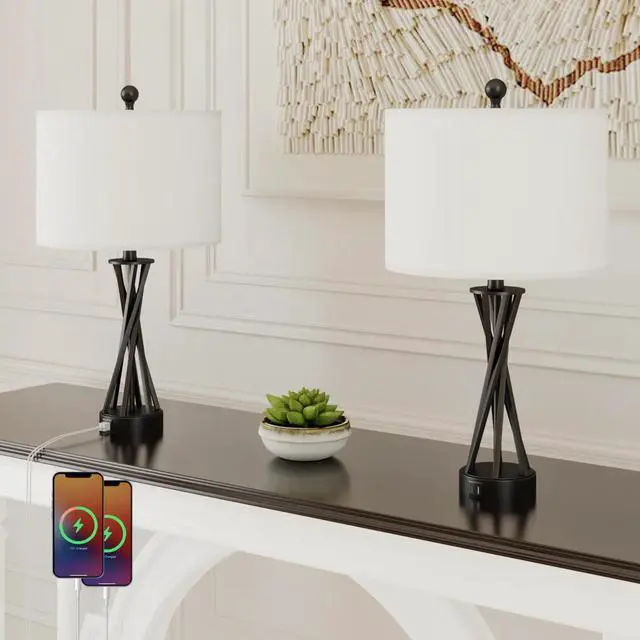 Alt view image 7 of 7 - 24" Modern Black Metal Table Lamp with Usb Type-C Ports and Linen Shade (Set Of 2) for Bedroom, Office, Living Room
