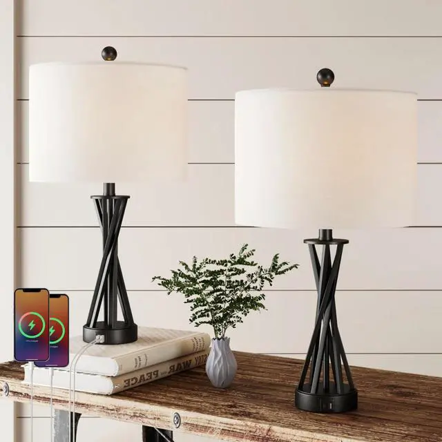 Alt view image 6 of 7 - 24" Modern Black Metal Table Lamp with Usb Type-C Ports and Linen Shade (Set Of 2) for Bedroom, Office, Living Room