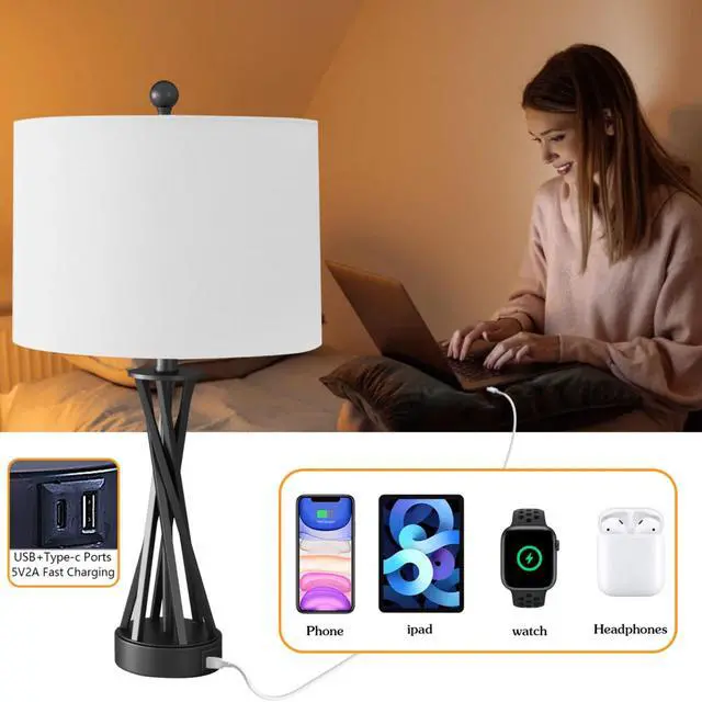 Alt view image 4 of 7 - 24" Modern Black Metal Table Lamp with Usb Type-C Ports and Linen Shade (Set Of 2) for Bedroom, Office, Living Room
