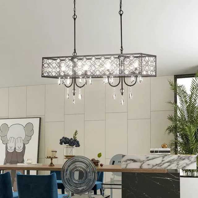 Alt view image 2 of 7 - 4 Lights Rectangle Crystal Chandelier, Adjustable Raindrop Modern Pendant Lighting, Beaded Shade Ceiling Light Fixtures, E12 Base, for Dining Room, Kitchen Island, Living Room, Black