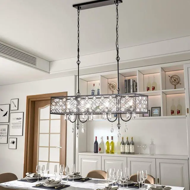 Alt view image 4 of 7 - 4 Lights Rectangle Crystal Chandelier, Adjustable Raindrop Modern Pendant Lighting, Beaded Shade Ceiling Light Fixtures, E12 Base, for Dining Room, Kitchen Island, Living Room, Black