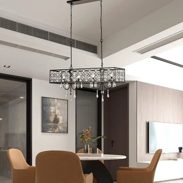 Alt view image 5 of 7 - 4 Lights Rectangle Crystal Chandelier, Adjustable Raindrop Modern Pendant Lighting, Beaded Shade Ceiling Light Fixtures, E12 Base, for Dining Room, Kitchen Island, Living Room, Black