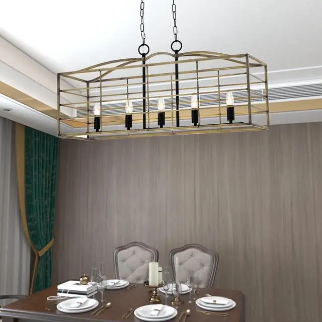 Main image of 5 Lights Chandelier, Farmhouse Rectangular Pendant Light, Rustic Hanging Light Fixture, Adjustable Chain for Living Room, Dining Room, Kitchen Island, Wood Grain & Black