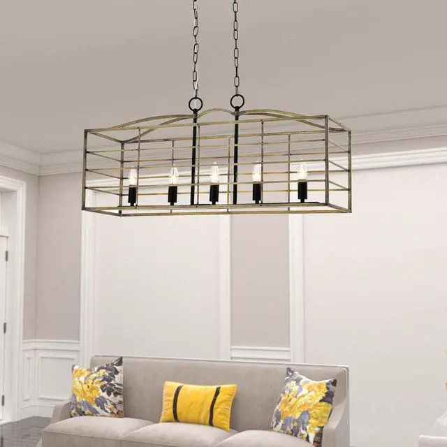 Alt view image 3 of 7 - 5 Lights Chandelier, Farmhouse Rectangular Pendant Light, Rustic Hanging Light Fixture, Adjustable Chain for Living Room, Dining Room, Kitchen Island, Wood Grain & Black