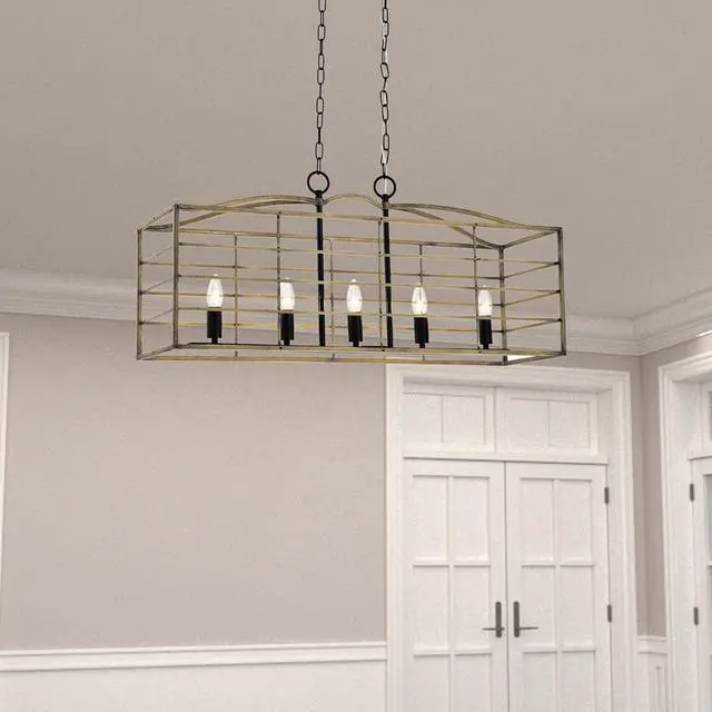 Alt view image 2 of 7 - 5 Lights Chandelier, Farmhouse Rectangular Pendant Light, Rustic Hanging Light Fixture, Adjustable Chain for Living Room, Dining Room, Kitchen Island, Wood Grain & Black