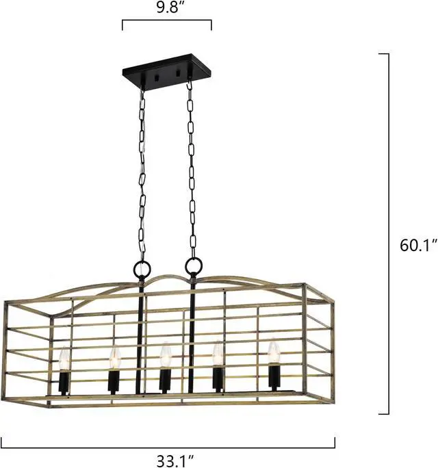 Alt view image 4 of 7 - 5 Lights Chandelier, Farmhouse Rectangular Pendant Light, Rustic Hanging Light Fixture, Adjustable Chain for Living Room, Dining Room, Kitchen Island, Wood Grain & Black