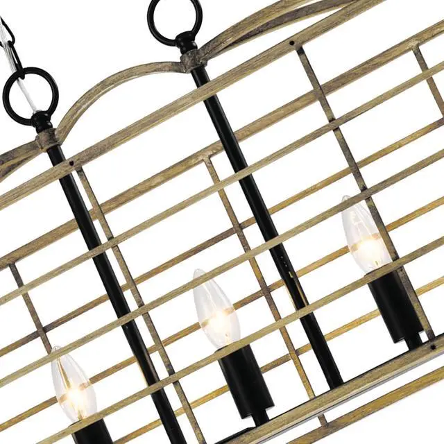 Alt view image 6 of 7 - 5 Lights Chandelier, Farmhouse Rectangular Pendant Light, Rustic Hanging Light Fixture, Adjustable Chain for Living Room, Dining Room, Kitchen Island, Wood Grain & Black