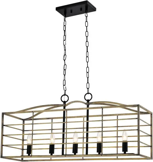 Alt view image 7 of 7 - 5 Lights Chandelier, Farmhouse Rectangular Pendant Light, Rustic Hanging Light Fixture, Adjustable Chain for Living Room, Dining Room, Kitchen Island, Wood Grain & Black