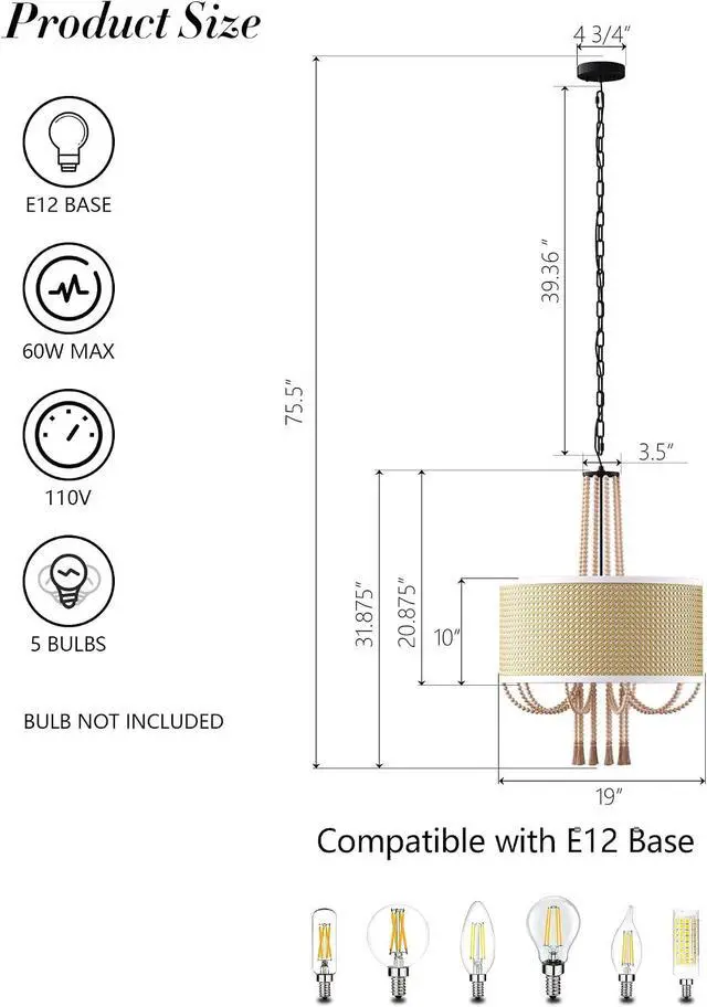 Alt view image 3 of 7 - 19" Boho Rattan Chandelier, Rustic 5-Light E12 Bamboo Pendant Light with Wood Bead Tassel Decoration, Coastal Farmhouse Ceiling Light Fixture for Dining Room, Living Room, Bedroom, Kitchen