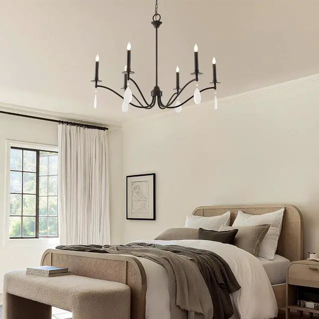 Alt view image 3 of 7 - Black Chandelier, 6-Light Rustic Candelabra Chandeliers for Living Room, Lighting Fixtures Hanging with Crystal Teardrop, Metal Frame Ceiling Fixture for Dining Room, Foyer, Office, Bar, Island