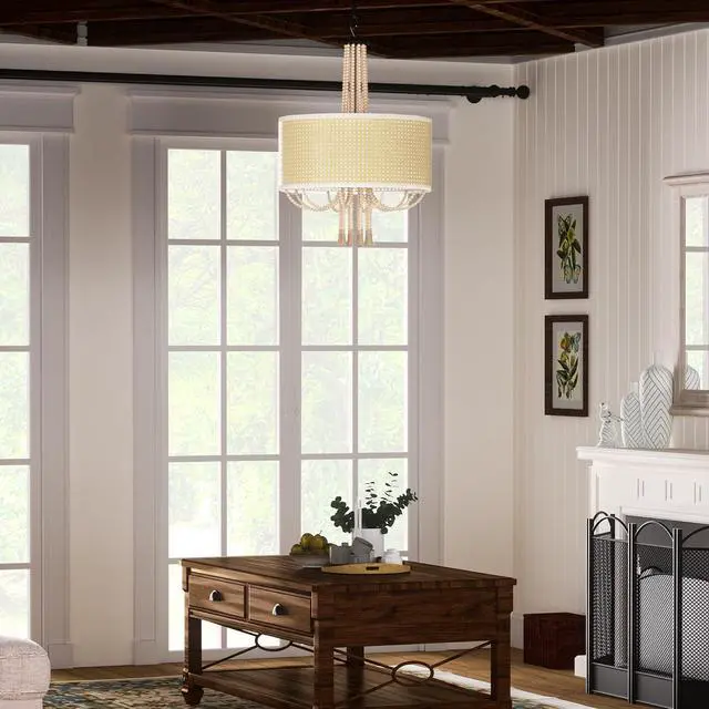 Alt view image 7 of 7 - 19" Boho Rattan Chandelier, Rustic 5-Light E12 Bamboo Pendant Light with Wood Bead Tassel Decoration, Coastal Farmhouse Ceiling Light Fixture for Dining Room, Living Room, Bedroom, Kitchen