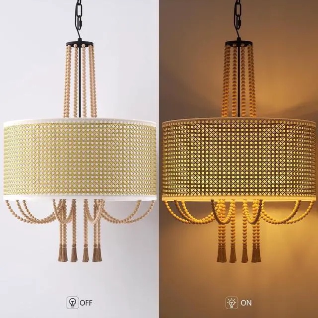 Alt view image 5 of 7 - 19" Boho Rattan Chandelier, Rustic 5-Light E12 Bamboo Pendant Light with Wood Bead Tassel Decoration, Coastal Farmhouse Ceiling Light Fixture for Dining Room, Living Room, Bedroom, Kitchen