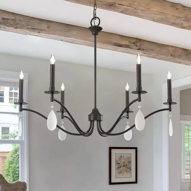 Alt view image 2 of 7 - Black Chandelier, 6-Light Rustic Candelabra Chandeliers for Living Room, Lighting Fixtures Hanging with Crystal Teardrop, Metal Frame Ceiling Fixture for Dining Room, Foyer, Office, Bar, Island