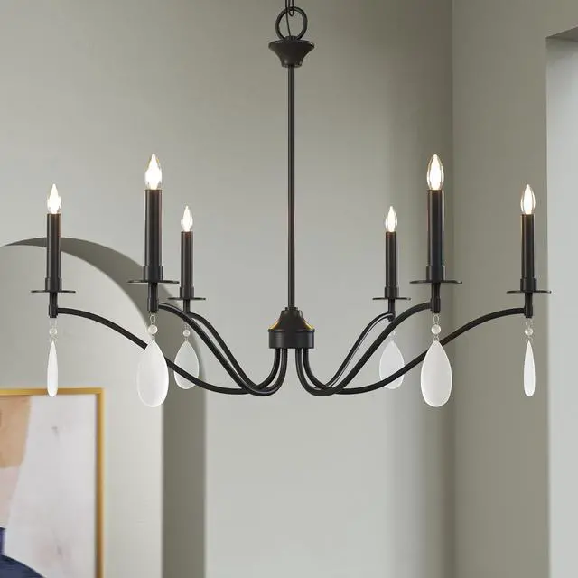 Main image of Black Chandelier, 6-Light Rustic Candelabra Chandeliers for Living Room, Lighting Fixtures Hanging with Crystal Teardrop, Metal Frame Ceiling Fixture for Dining Room, Foyer, Office, Bar, Island