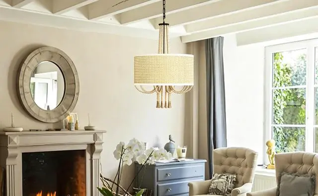 Main image of 19" Boho Rattan Chandelier, Rustic 5-Light E12 Bamboo Pendant Light with Wood Bead Tassel Decoration, Coastal Farmhouse Ceiling Light Fixture for Dining Room, Living Room, Bedroom, Kitchen