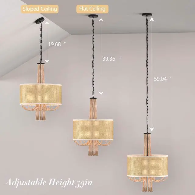 Alt view image 4 of 7 - 19" Boho Rattan Chandelier, Rustic 5-Light E12 Bamboo Pendant Light with Wood Bead Tassel Decoration, Coastal Farmhouse Ceiling Light Fixture for Dining Room, Living Room, Bedroom, Kitchen