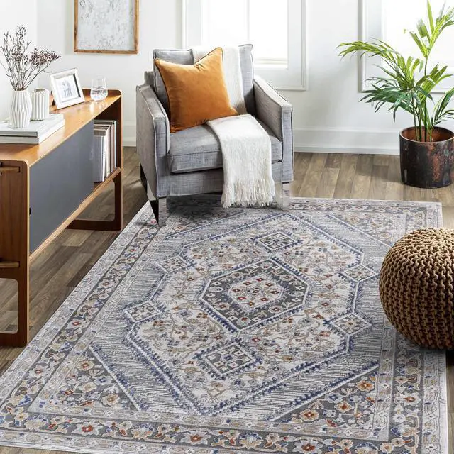 Main image of Collection 6X9 Blue/Cream/Bordered Non-Shedding Living Room Bedroom Dining Home Office Stylish and Stain Resistant Area Rug