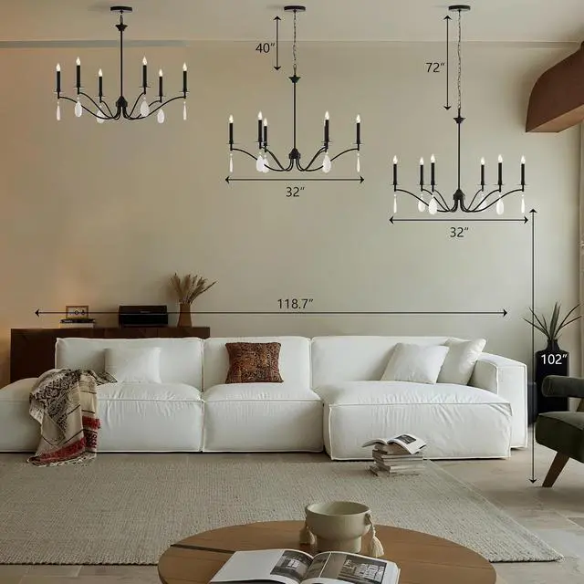Alt view image 5 of 7 - Black Chandelier, 6-Light Rustic Candelabra Chandeliers for Living Room, Lighting Fixtures Hanging with Crystal Teardrop, Metal Frame Ceiling Fixture for Dining Room, Foyer, Office, Bar, Island