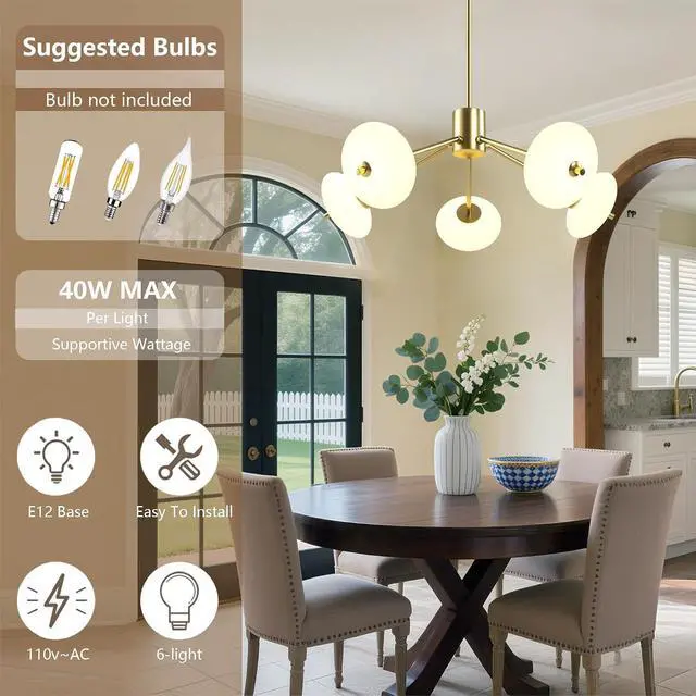 Alt view image 3 of 7 - Sputnik Chandelier, 5-Light Ceiling Light Fixture with Frosted Glass Shade, Led Ceiling Light for Kitchen Island, Hallway, Entryway, Passway, Dining Room, Bedroom, Living Room