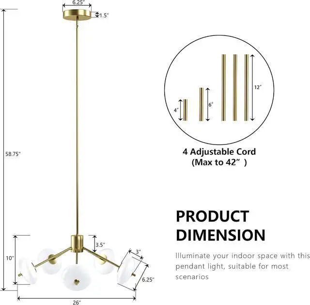 Alt view image 5 of 7 - Sputnik Chandelier, 5-Light Ceiling Light Fixture with Frosted Glass Shade, Led Ceiling Light for Kitchen Island, Hallway, Entryway, Passway, Dining Room, Bedroom, Living Room
