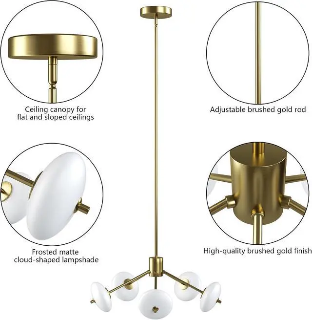 Alt view image 4 of 7 - Sputnik Chandelier, 5-Light Ceiling Light Fixture with Frosted Glass Shade, Led Ceiling Light for Kitchen Island, Hallway, Entryway, Passway, Dining Room, Bedroom, Living Room