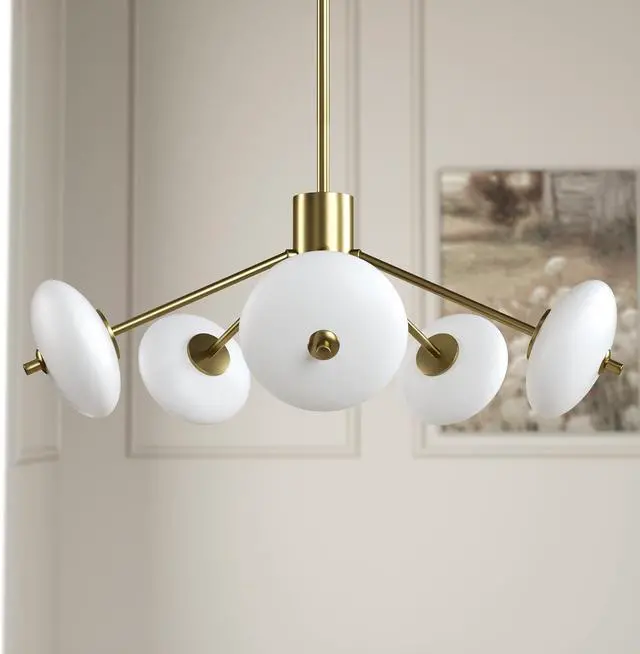 Alt view image 7 of 7 - Sputnik Chandelier, 5-Light Ceiling Light Fixture with Frosted Glass Shade, Led Ceiling Light for Kitchen Island, Hallway, Entryway, Passway, Dining Room, Bedroom, Living Room