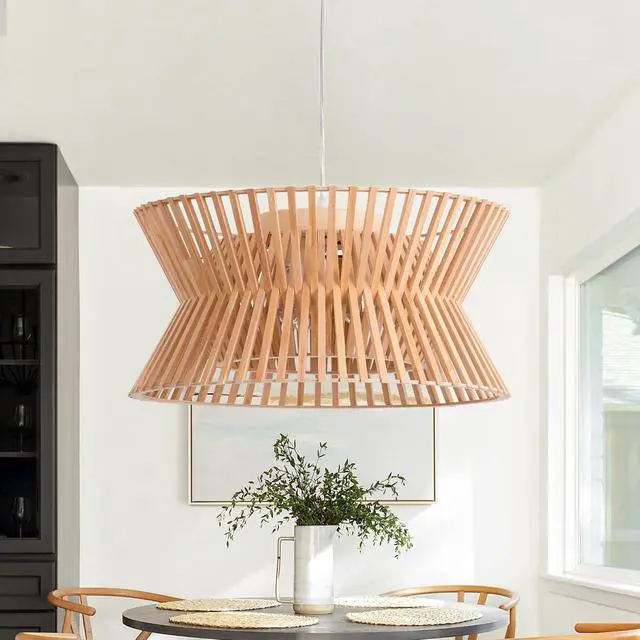 Alt view image 2 of 7 - Wooden Color Chandelier, 17.7'' Pendant Light Fixture with Boho Wicker Shade, 3-Light Wood Farmhouse Ceiling Light for Living Room, Bedroom, Kitchen Island