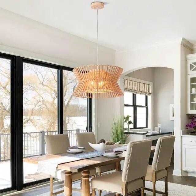 Alt view image 3 of 7 - Wooden Color Chandelier, 17.7'' Pendant Light Fixture with Boho Wicker Shade, 3-Light Wood Farmhouse Ceiling Light for Living Room, Bedroom, Kitchen Island