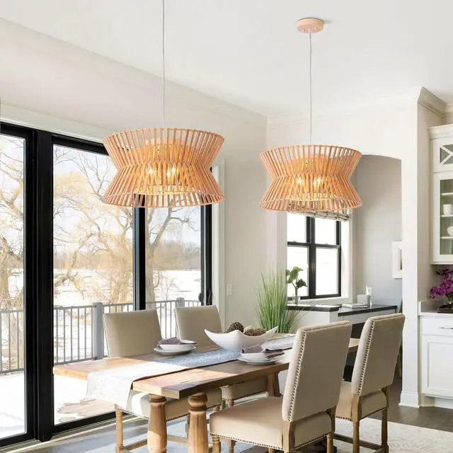 Alt view image 4 of 7 - Wooden Color Chandelier, 17.7'' Pendant Light Fixture with Boho Wicker Shade, 3-Light Wood Farmhouse Ceiling Light for Living Room, Bedroom, Kitchen Island