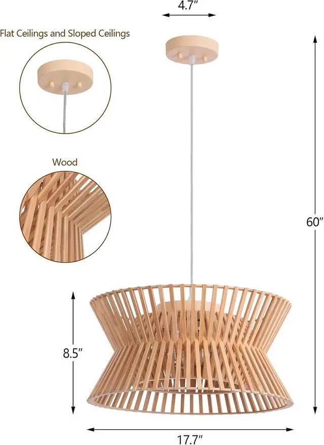 Alt view image 5 of 7 - Wooden Color Chandelier, 17.7'' Pendant Light Fixture with Boho Wicker Shade, 3-Light Wood Farmhouse Ceiling Light for Living Room, Bedroom, Kitchen Island