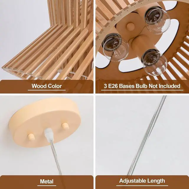 Alt view image 6 of 7 - Wooden Color Chandelier, 17.7'' Pendant Light Fixture with Boho Wicker Shade, 3-Light Wood Farmhouse Ceiling Light for Living Room, Bedroom, Kitchen Island