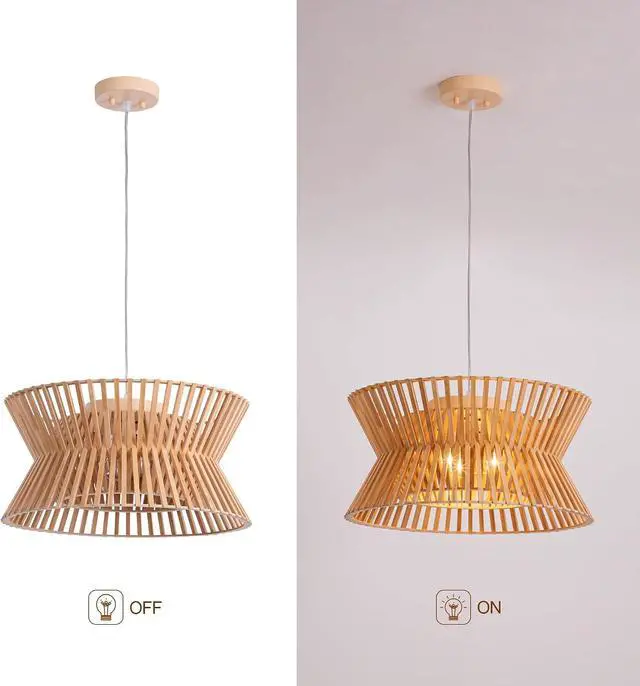 Alt view image 7 of 7 - Wooden Color Chandelier, 17.7'' Pendant Light Fixture with Boho Wicker Shade, 3-Light Wood Farmhouse Ceiling Light for Living Room, Bedroom, Kitchen Island