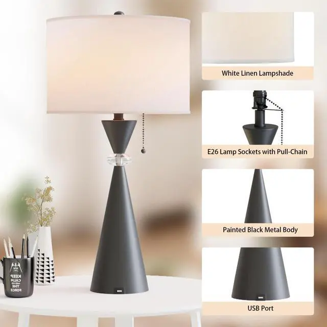 Alt view image 3 of 5 - 28" Modern Table Lamps Set Of 2,Bedside Lamps with Usb Charging Ports,Black Metal Hourglass Base with White Drum Shade for Living Room, Bedroom, House Bedside