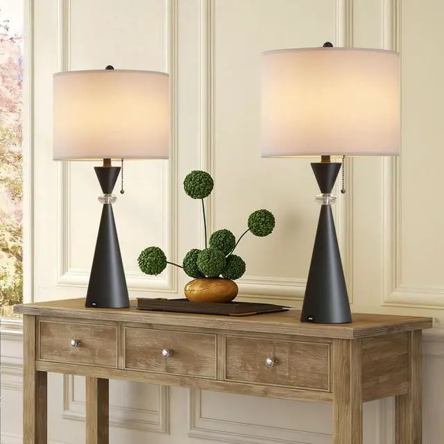 Alt view image 4 of 5 - 28" Modern Table Lamps Set Of 2,Bedside Lamps with Usb Charging Ports,Black Metal Hourglass Base with White Drum Shade for Living Room, Bedroom, House Bedside