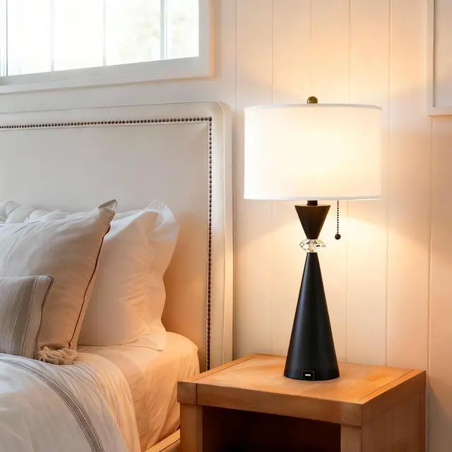 Alt view image 2 of 5 - 28" Modern Table Lamps Set Of 2,Bedside Lamps with Usb Charging Ports,Black Metal Hourglass Base with White Drum Shade for Living Room, Bedroom, House Bedside