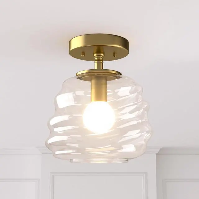 Alt view image 2 of 7 - Ceiling Light, 8"x10", Modern Light Fixture with Clear Glass Shade, E26 Gold Base, Mid Century Small Semi Flush Mount Lamp for Entryway, Hallway, Bedroom, Dimmable