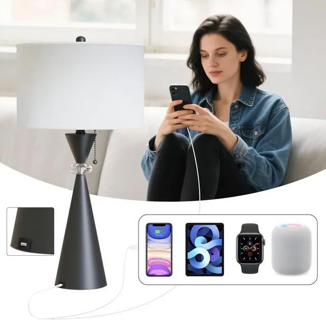 Alt view image 5 of 5 - 28" Modern Table Lamps Set Of 2,Bedside Lamps with Usb Charging Ports,Black Metal Hourglass Base with White Drum Shade for Living Room, Bedroom, House Bedside