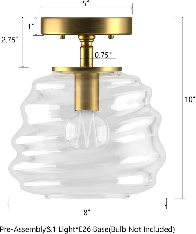 Alt view image 4 of 7 - Ceiling Light, 8"x10", Modern Light Fixture with Clear Glass Shade, E26 Gold Base, Mid Century Small Semi Flush Mount Lamp for Entryway, Hallway, Bedroom, Dimmable