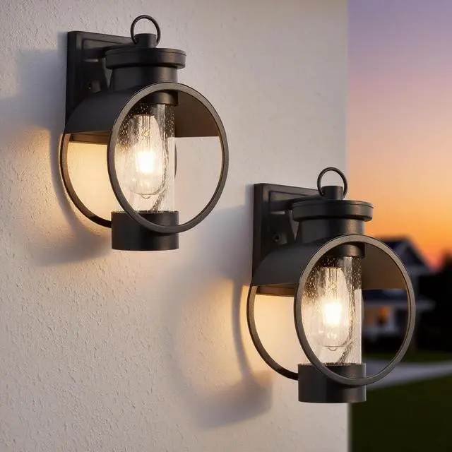 Main image of Dusk to Dawn Outdoor Wall Sconce, 12" Outside Wall Lights with Seeded Glass Shade, Modern Black Wall Mount Light Fixture, Waterproof Exterior Lighting Fixtures for House Porch Garage, 2-Pack
